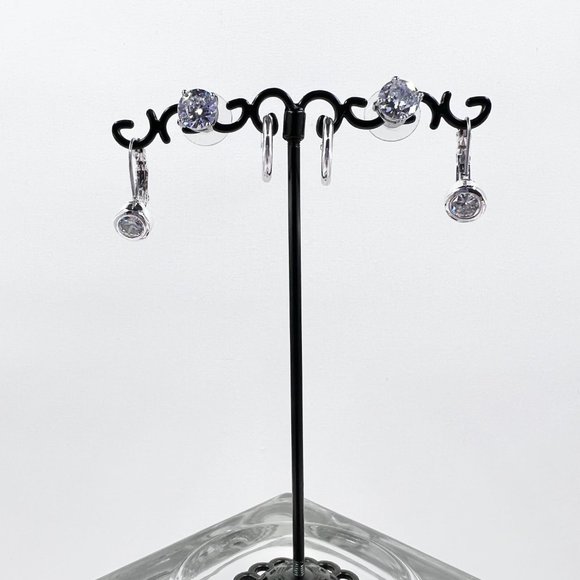 3 Pairs Shiny Silver Tone Post, Hinged Hoop, and Leaver Back Earrings - Picture 2 of 5